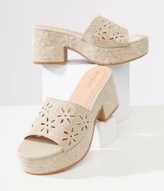 These stylish sandals feature delicate flower eyelet cutouts that add a touch of femininity to any outfit. The neutral nude color makes them versatile and easy to pair with all your favorite looks. Complete with a 1.5 inch platform and 3 inch heel..Available while supplies last. | Nude Flower Platform Sandals | Size 5.5 Summer Shoe Inspo Aesthetic, European Sandals, Y2k Platform Sandals, Australia Fits, Nude Platform Sandals, Hoco Shoes, College Wishlist, 70s Inspired Outfits, Cute Shoes Heels