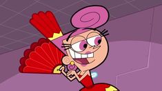 a cartoon character is holding a fan in her right hand and smiling at the camera