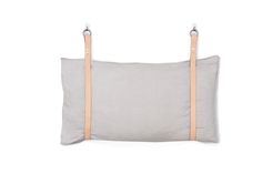 a gray pillow with two straps hanging from the front and back, on a white background