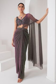 Purple metallic toned pre-draped saree crafted in platinoir crepe. Paired with a sleeveless V neck blouse with tonal crystal tassel and cutdana embellishments. - Aza Fashions Sleeveless V Neck Blouse, Different Wedding Dresses, Draped Saree, Purple Saree, Drape Saree, Purple Metallic, A Wedding Dress, Purple Crystal, Bride Look