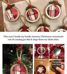 christmas ornaments made from mason jar lids and plaid fabric are hanging on a tree branch