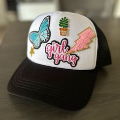 Super Cute Handmade Hat. 4 Patches And A Plant Pin. Playful White Baseball Cap For Spring, Playful White Trucker Hat For Spring, Cute Black Baseball Cap With Curved Brim, Trendy Adjustable Brimmed Trucker Hat, Playful Mini Cap Hats For Spring, Cute Black Cap Hat, Playful White Trucker Hat, Black Brimmed Trucker Hat For Spring, Trendy White Snapback Hat