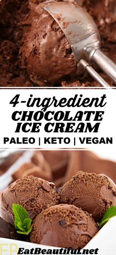 chocolate ice cream in a bowl with mint sprigs on top and the words 4 ingredient