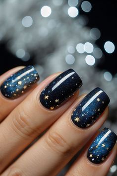 Create a stunning look with these inspirational starry night nail designsFrom subtle to boldthese designs will make your nails stand out and show off your unique styleWhether you're looking for a subtle accent or a bold statementthese starry night nail designs will have you feeling inspired. Night Nail Designs, Cosmic Nails, Star Nail Designs, October Nails, Feeling Inspired, Blue Nail, Winter Nail, Star Nails