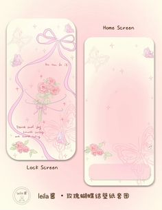 a pink card with flowers and butterflies on it