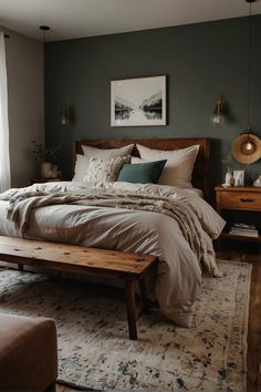 a bedroom with a large bed and wooden furniture in it's centerpieces