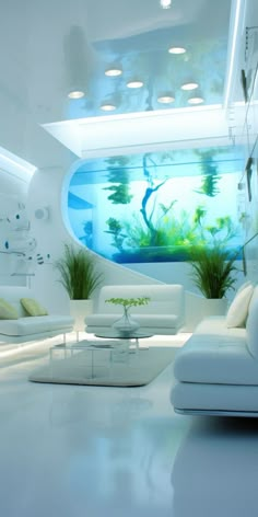 a living room filled with white furniture and an aquarium