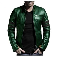 Genuine Leather Jacket For Winter In Green with Black Strip Winter Green Biker Jacket With Zipper Closure, Green Winter Biker Jacket With Zipper Closure, Green Winter Biker Jacket With Zipper, Green Moto Leather Jacket With Long Sleeves, Green Winter Biker Outerwear, Fitted Green Leather Jacket With Zipper, Green Biker Outerwear For Winter, Fitted Green Leather Jacket With Zipper Closure, Green Fitted Leather Jacket With Zipper Closure