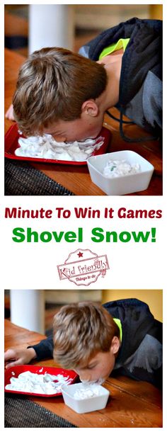 a boy is eating snow while sitting at a table with the words, minute to win it