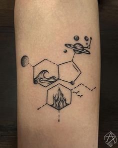 an image of a tattoo on the leg that has different shapes and sizes in it