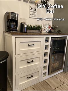 a coffee bar with wine storage underneath it