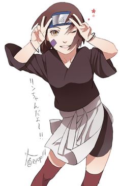 an anime character with brown hair and black shirt holding her hands up to her head