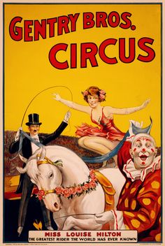 an old circus poster with two clowns riding on the back of a white horse