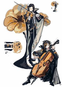 an anime character is playing the violin with another character standing next to him in front of them