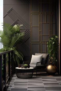 the balcony is decorated with black and white tiles, potted plants, and two wicker chairs