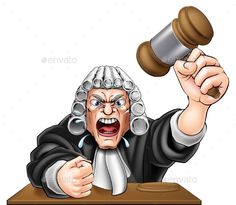 a cartoon judge holding a gaven and pointing at the viewer with his finger up