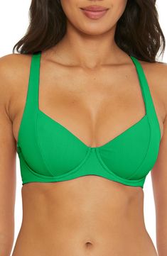 A lace-up back detail defines this underwire bikini top in a versatile solid hue that's perfect for your next vacay. Lined Adjustable back tie closure Removable soft cups 90% nylon, 10% spandex Hand wash, line dry Imported Solid Underwire Swimwear With Removable Bra Pads, Solid Color Swimwear With Padded Cups For Beach Season, Green Padded Beach Bra, Green Padded Cups Beach Bra, Green Beach Bra With Padded Cups, Solid Color Bra With Padded Cups For Poolside, Poolside Bra With Padded Cups, Solid Underwire Swimwear, Bra Friendly, Underwire Bra-friendly Solid Swimwear