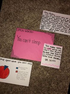 three pieces of pink paper with writing on them and some notes attached to the back