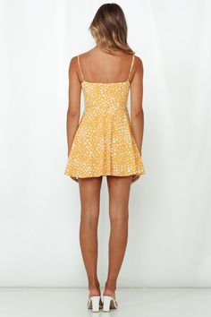 Length from bust to hem of size S: 64cm. Yellow print mini dress. Lined. Cold hand wash only. Model is a standard XS and is wearing size XS. True to size. Lightweight, non-stretchy woven fabric. Adjustable ties to bust. Adjustable shoulder straps. Invisible back zipper. Print placement may vary. Cotton/Polyester. If Summer was an outfit, it would definitely be the Eyes On Paradise Dress. Youe guaranteed to look extra cute on the 鈥榞ram with its lush floral print and frilled-trim neckline! We see you wearing yours with sparkling stacked gold jewellery, neutral wedges, and a statement messenger bag. Neutral Wedges, Paradise Dress, Children Shoes, Yellow Eyes, Dress Yellow, Yellow Print, Print Placement, Printed Mini Dress, Yellow Dress