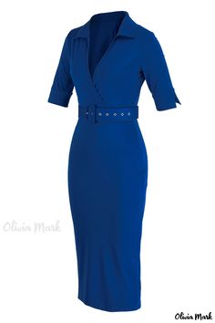 Olivia Mark - Blue Solid Turndown Collar Skirt Dress for Women with Patchwork and Belt Blue Belted Fitted Dress, Blue Fitted Belted Dress, Knee-length Belted Denim Dress For Work, Chic Belted Knee-length Denim Dress, Knee-length Belted Denim Blue Dress, Denim Knee-length Dress With Button Closure, Blue Knee-length Dress With Button Closure, Dress For, Turndown Collar