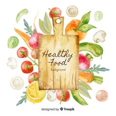 a wooden cutting board surrounded by fruits and vegetables with the words healthy food around it