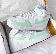 Custom Nike Shoes - AF 1 Mint -Hand painted with leather paint and coated -Waterproof -New with box Options to buy are already converted in women's sizes Size 4Y-women's 5.5 Size 4.5Y- women's 6 Size 5Y- women's 6.5 Size 5.5Y- women's 7 Size 6Y- women's 7.5 Size 6.5Y- women's 8 Size 7Y- women's 8.5 Nike Shoes Air Force, Mid Sneakers, White Nike Shoes, Nike Shoes Girls, Nike Fashion Shoes, Preppy Shoes, Jordan Shoes Girls, Custom Nike Shoes, Air Force 1 Mid