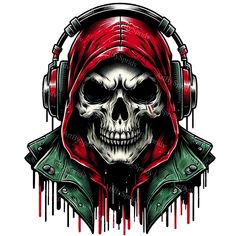 a skull wearing headphones and a red hoodie with blood dripping down the side