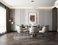 an elegant dining room with white chairs and a round glass table surrounded by beige upholstered chairs