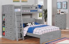 a gray bunk bed with two drawers and a ladder on the bottom, in a bedroom