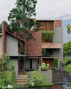 the house is surrounded by trees and plants