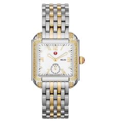 Michele Women's Mww15a000059 'Milou' Diamond Two-Tone Stainless Steel Watch White Diamond Watch With Polished Rectangular Dial, Timeless White Watches With Diamond Accents, Timeless White Diamond Watch With Metal Dial, Gold Diamond Watches, Michele Watches, Diamond Face, Leather Wedge Sandals, Topaz Stone, Two Tone Watch