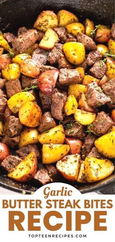 garlic butter steak bites recipe in a cast iron skillet with text overlay that reads garlic butter steak bites recipe