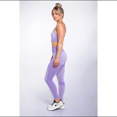 Women’s Two Piece Set Compression High Waist Leggings With Top Included Padded Top Fitted Seamless Purple Leggings, Seamless Purple Yoga Leggings, Purple Compression Bottoms, Seamless, Purple Seamless Workout Bottoms, Purple Fitted Athleisure Tights, Casual Compressive Purple Leggings, Fitted Purple Sportswear Pants, Purple High Waist Fitted Leggings, Fitted Purple Elastane Leggings