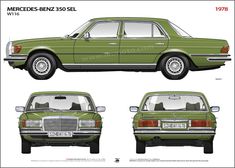 the mercedes benz 350 sel is shown in three different views