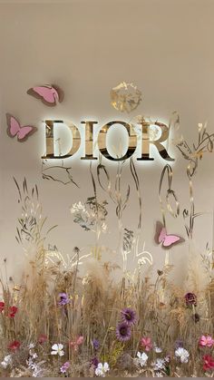 the word dior surrounded by flowers and butterflies in front of a white wall with gold letters