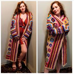 two photos of a woman wearing a colorful crochet robe and sandals, standing in front of a wall