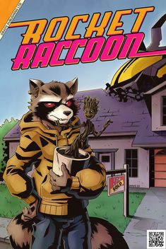 rocket raccoon is standing in front of a house and holding a coffee cup