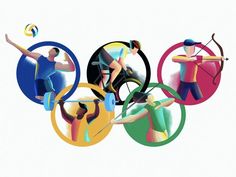 the olympic games are being played in different colors and shapes, with people holding tennis racquets