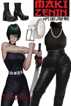 an anime character with green hair holding a knife and wearing black leather pants, high heel boots