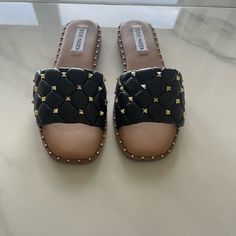 Brand New! Steve Madden Studded Sandals Never Worn Size 7.5 Pretty And Comfy!! Chic Flat Sandals With Studded Rubber Outsoles, Black Leather Sandals For Day Out, Trendy Black Open Toe Flats, Black Cushioned Sandals For Day Out, Shoes Steve Madden, Studded Sandals, Steve Madden Shoes, Steve Madden, Size 7