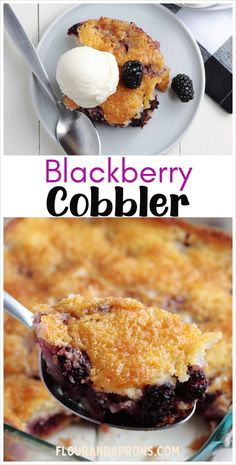 blackberry cobbler with ice cream on top and blueberry cobble in the background