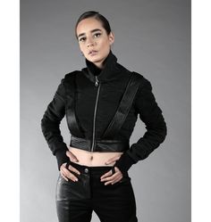 Thick one layer soft cotton, designed with faux leather stripes. No lining. High collar silver zipper, thumb holes. The model on the picture is wearing size S. *If you are not sure about your size please get in touch with us so we can refer the best fit for you. Jacket Cyberpunk, Futuristic Jacket, Cyberpunk Jacket, Festival Mode, Rose Clothing, Unique Jackets, Womens Jackets, Steampunk Clothing, Silver Zipper