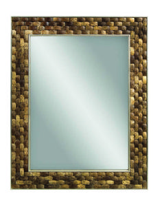 a mirror that is made out of wood and metal with squares on the border, in front of a white background