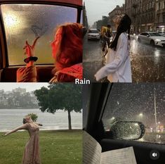 there are two pictures with rain coming in the window and one has an open book