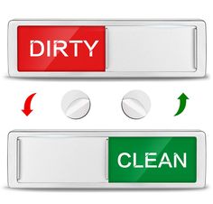 two red and green buttons with the words dirty, clean and arrow pointing to each other