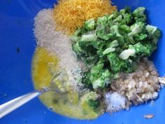 broccoli, rice and other ingredients in a blue bowl