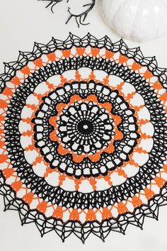 halloween doily crochet pattern Colored Doilies, Table Topper Patterns, Paper Crafts Magazine, Halloween Colors, Doily Pattern, Needlework Shops, Fat Quarter Quilt, Halloween Crochet Patterns, Beginner Knitting Patterns