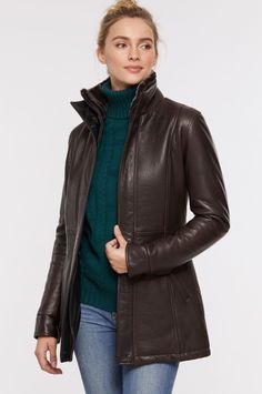 Amanda Lambskin Leather Coat with Shearling Collar | Overland Leather Jacket And Hoodie, Jacket Styles For Women, Leather Jacket And Dress, Leather Jacket Styles, Leather Trench Coat Woman, Women Leather Jacket, Jacket Outfit Women