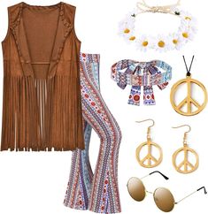 a women's outfit with peace signs, sunglasses and accessories