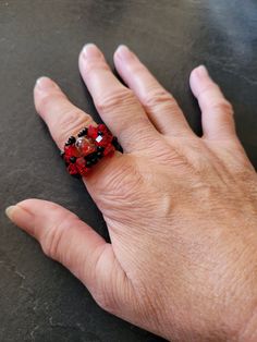 Handmade jewelry Elastic Rings, Handmade Glass Beads, Nov 6, Beaded Rings, Hand Made Jewelry, Glass Bead, Rings Statement, Red And Black, Statement Rings